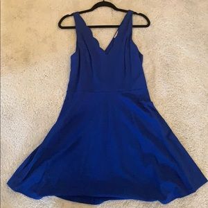blue dress scalloped v neck line